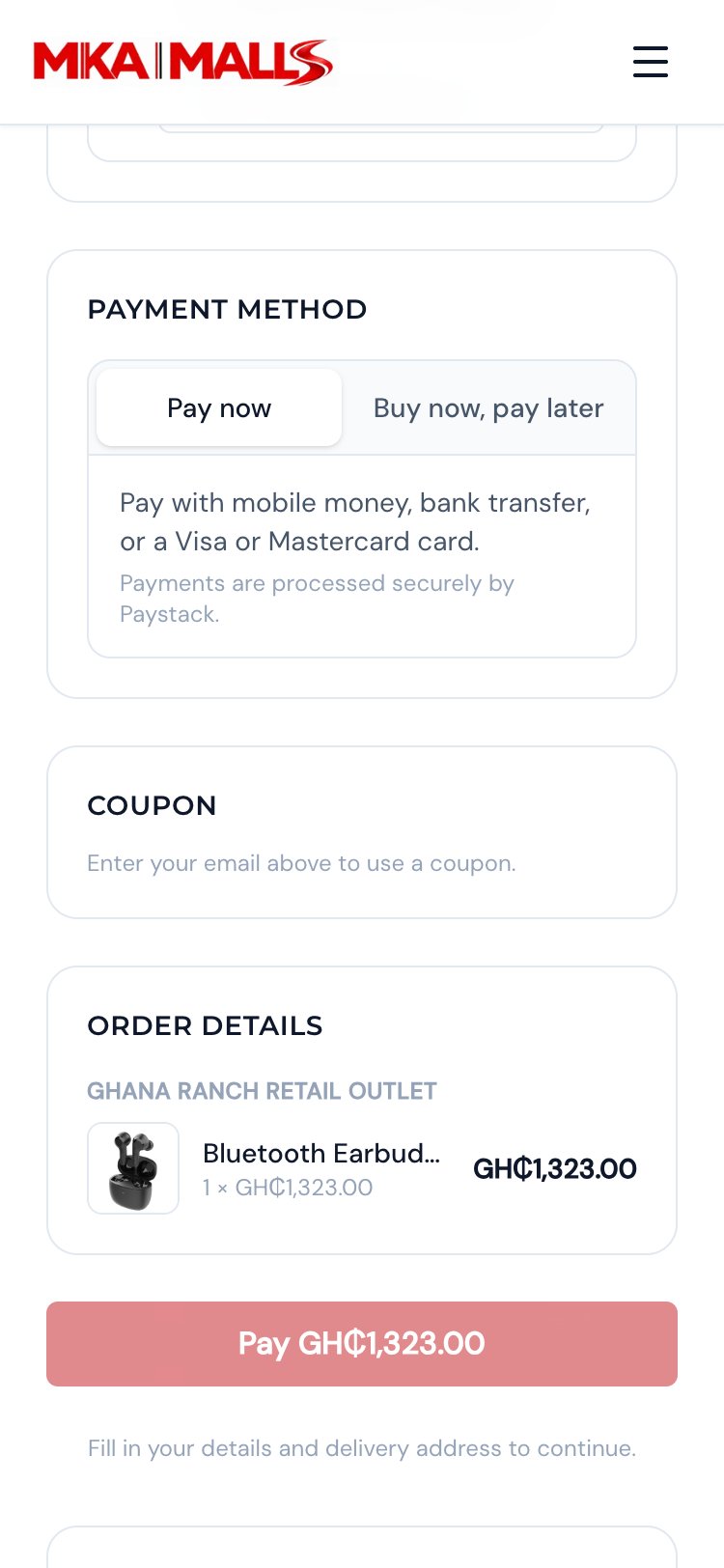 The MKA Malls checkout on a phone, choosing a payment method