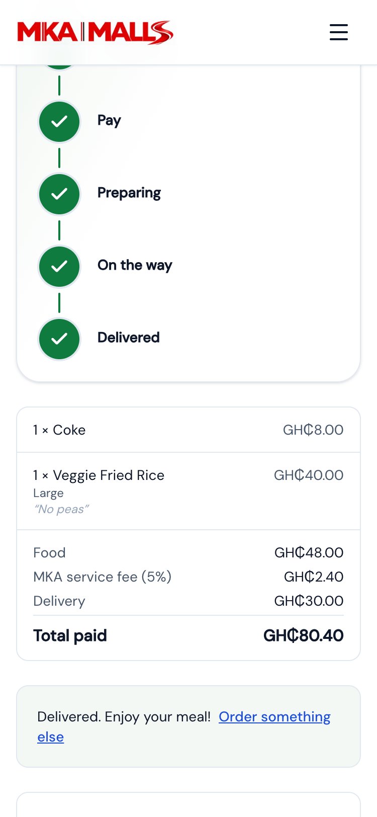 An MKA Malls order showing itemised food, service fee, delivery and total paid